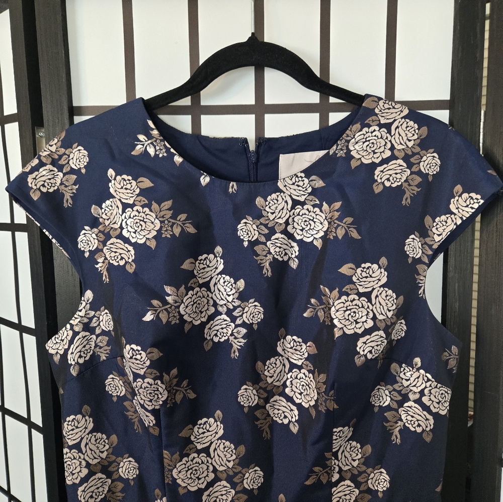 Gal Meets Glam Jenny Wallpaper Navy Blue Rose Floral Ruffle Knee Length Dress - Picture 6 of 12